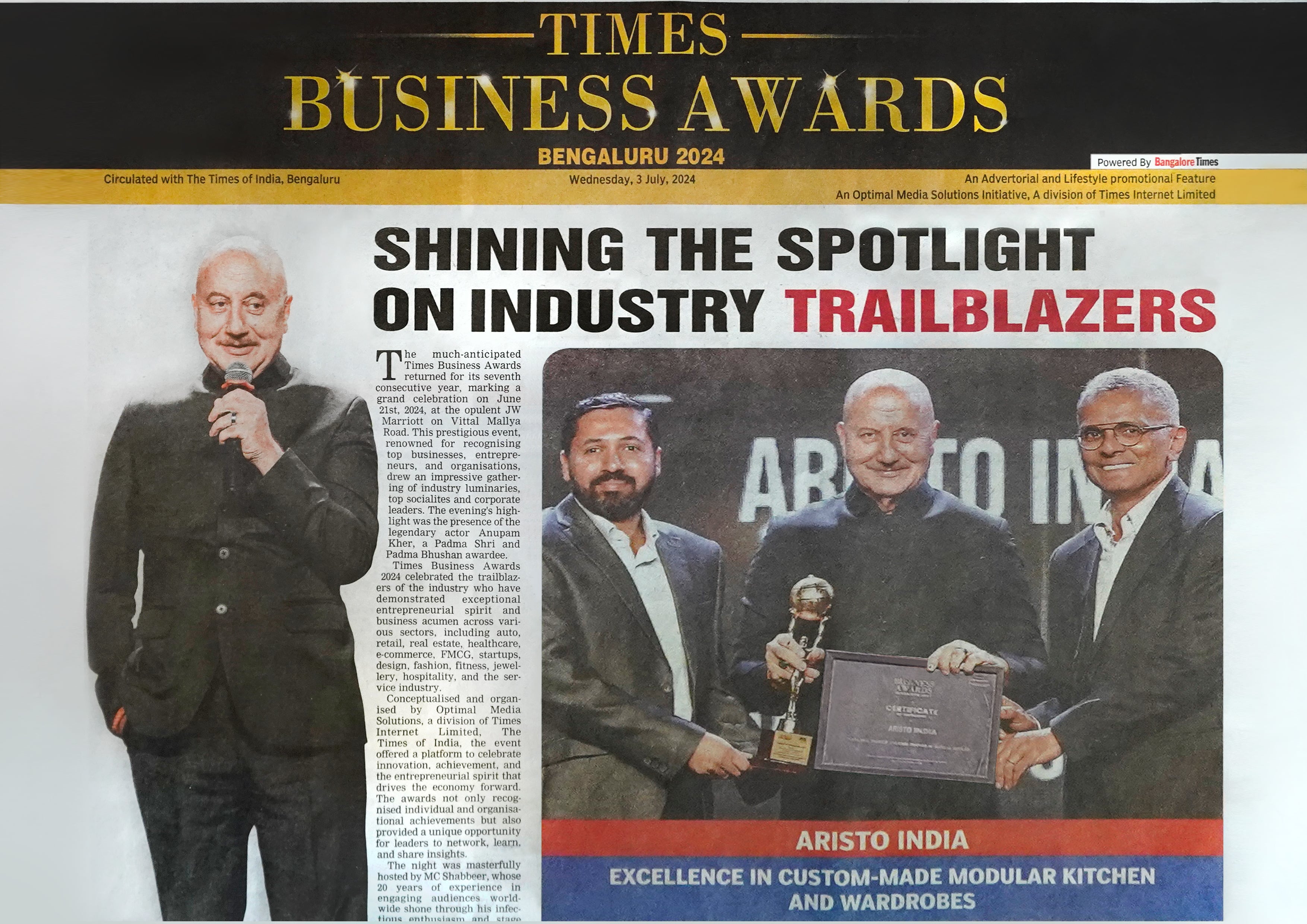 Aristo India, Bangalore Events at Times Business Award 2024